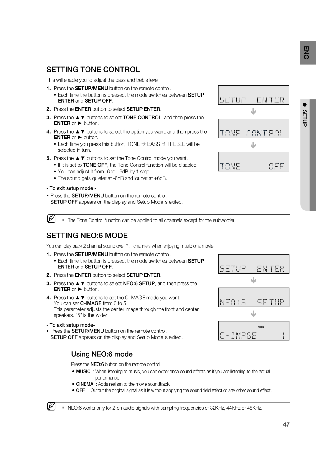Samsung HW-C900-XAA user manual Setting Tone Control, SETTING NEO 6 MODE, Using NEO:6 mode 