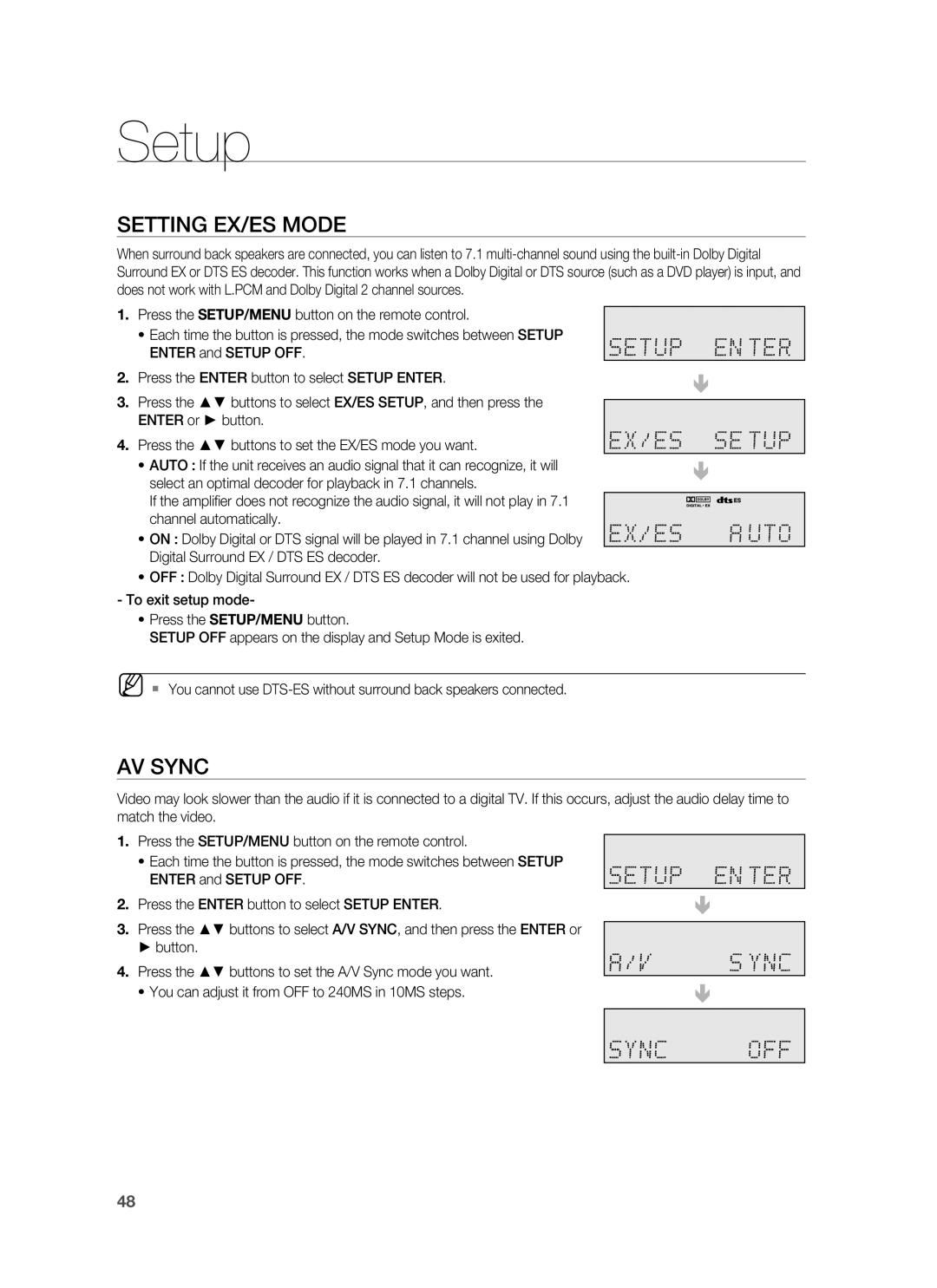 Samsung HW-C900-XAA user manual Setup, Setting Ex/Es Mode, Av Sync 