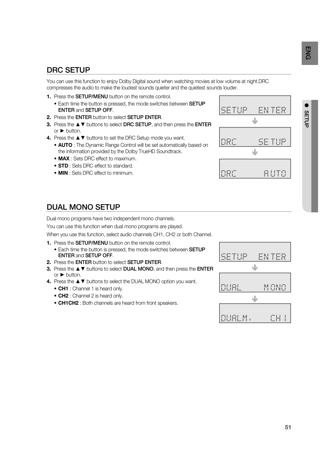 Samsung HW-C900-XAA user manual Drc Setup, Dual Mono Setup 