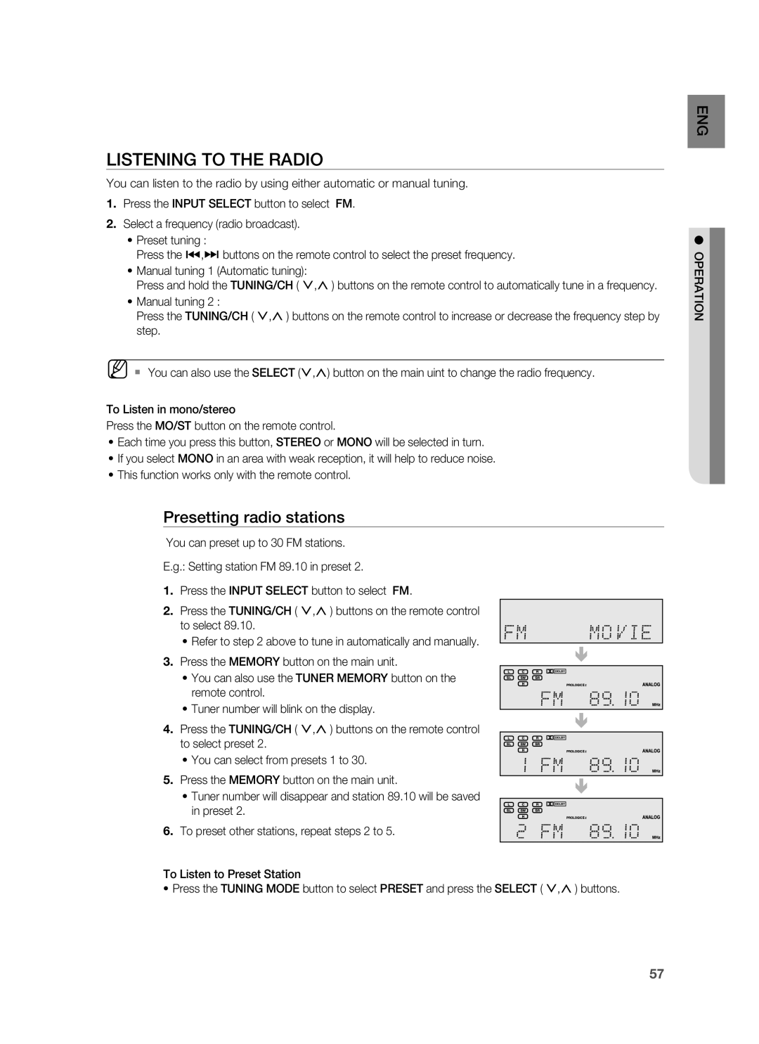 Samsung HW-C900-XAA user manual Listening To The Radio, Presetting radio stations 
