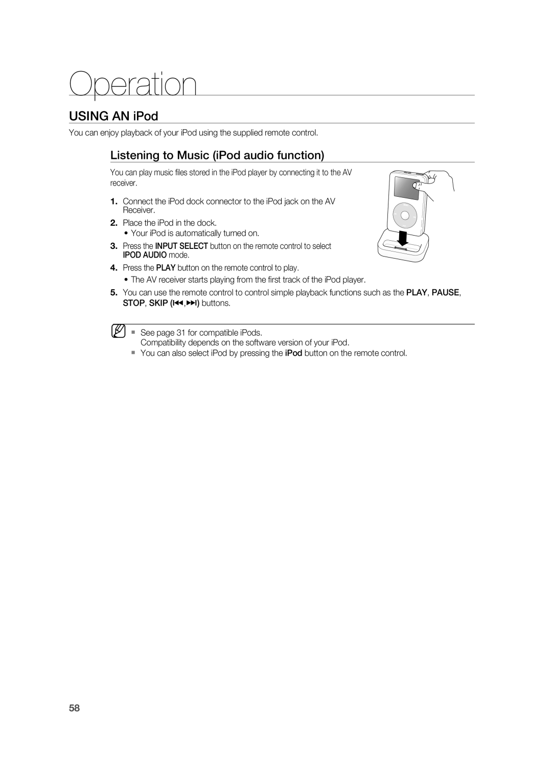Samsung HW-C900-XAA user manual Operation, USING AN iPod, Listening to Music iPod audio function 