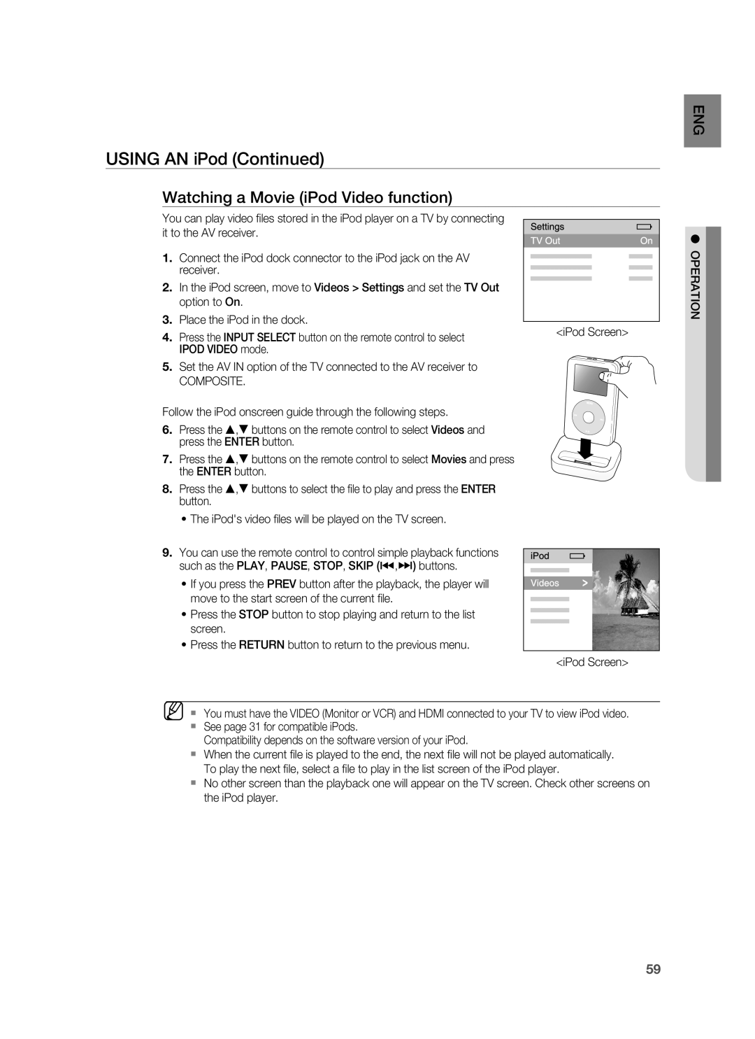 Samsung HW-C900-XAA user manual USING AN iPod Continued, Watching a Movie iPod Video function 