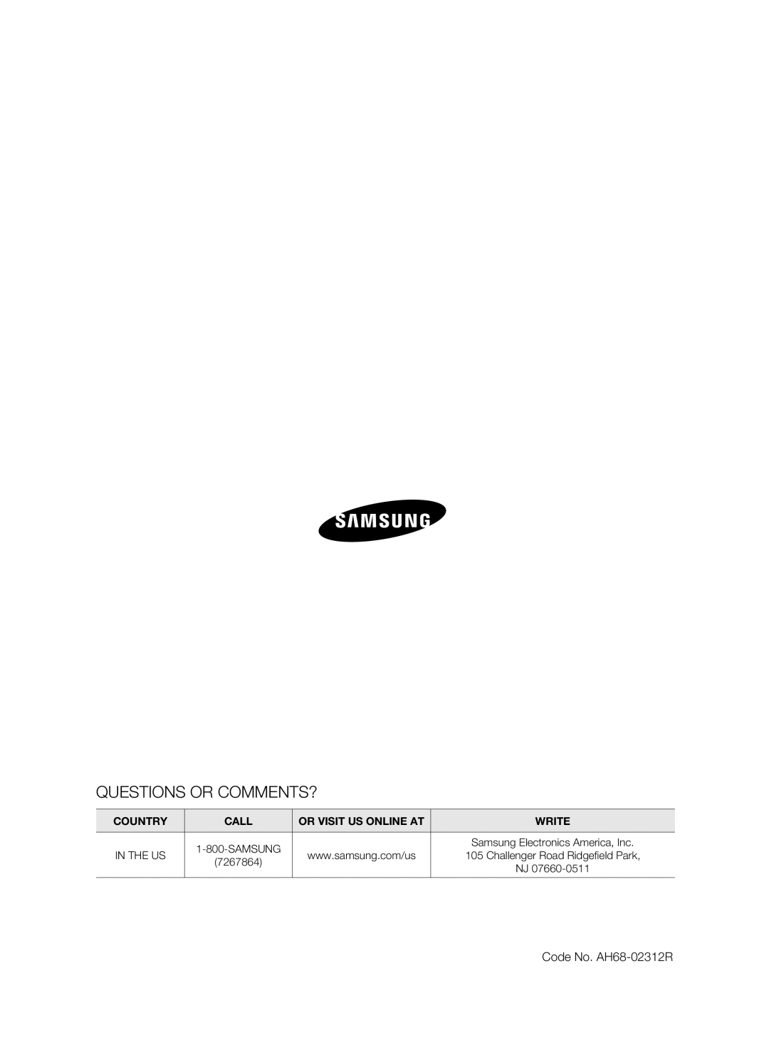 Samsung HW-C900 Country, Call, Or Visit Us Online At, Write, In The Us, Samsung Electronics America, Inc, 7267864 