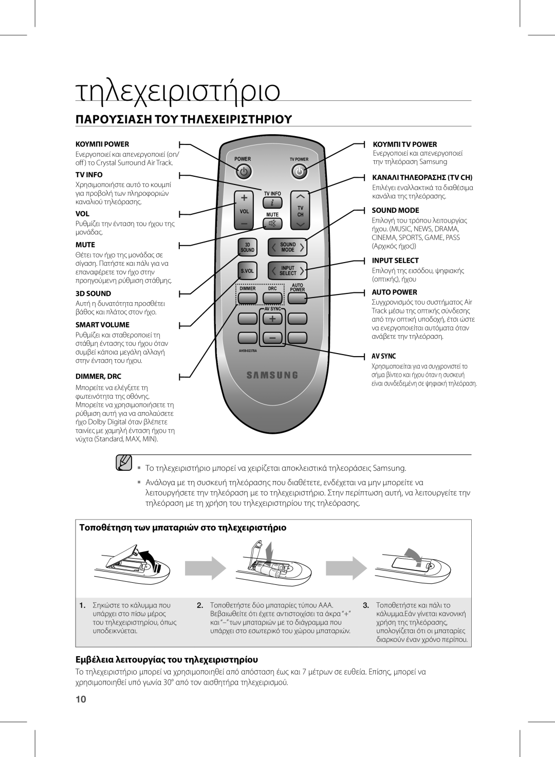 Samsung HW-D350/EN manual Τηλεχειριστήριο, Παρουσιαση ΤΟΥ Τηλεχειριστηριου, Τοποθέτηση των μπαταριών στο τηλεχειριστήριο 