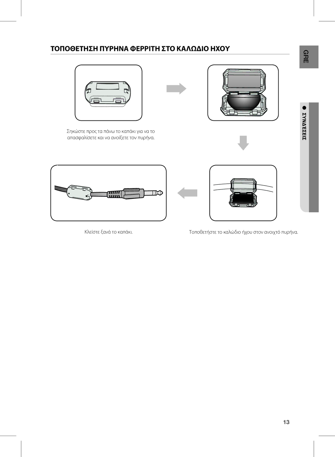 Samsung HW-D350/EN manual Τοποθετηση Πυρηνα Φερριτη ΣΤΟ ΚΑΛωΔΙΟ Ηχου 