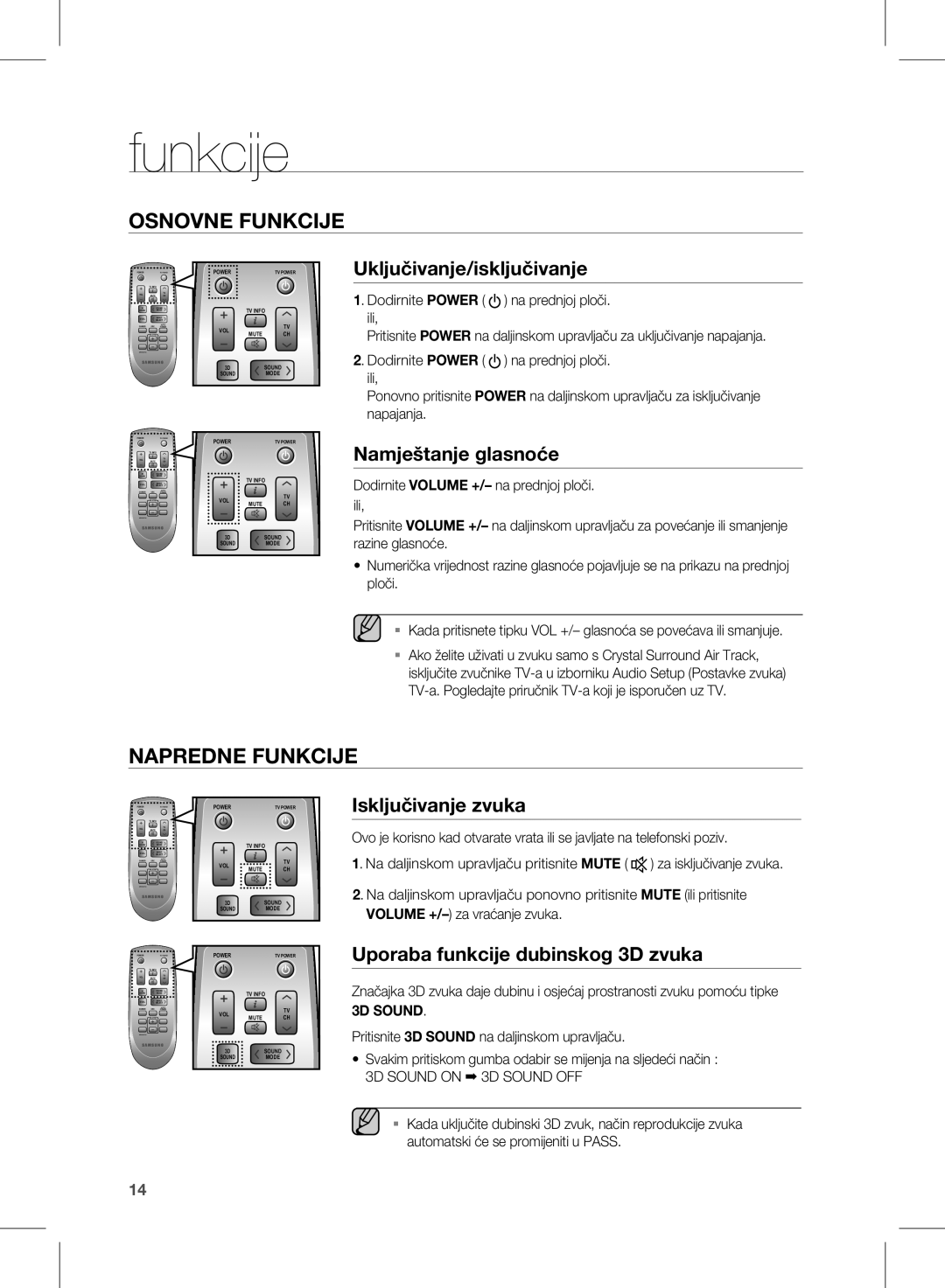 Samsung HW-D350/EN manual Funkcije, 3D Sound on 3D Sound OFF 