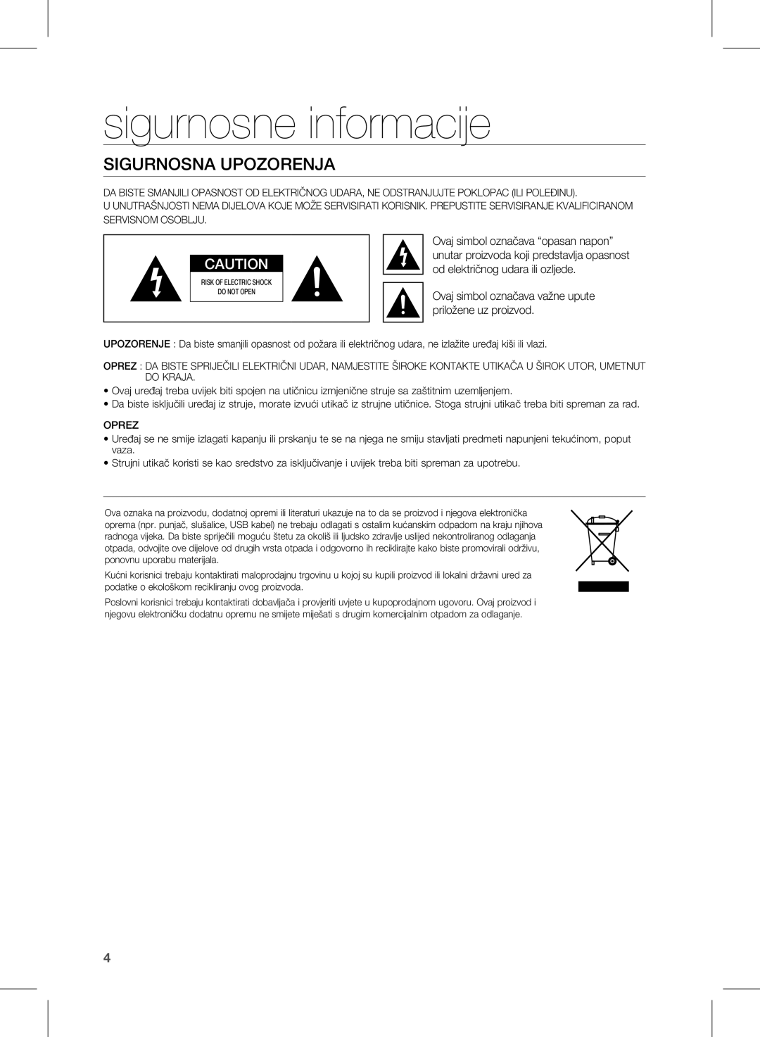 Samsung HW-D350/EN manual Sigurnosne informacije, Sigurnosna upozorenja 