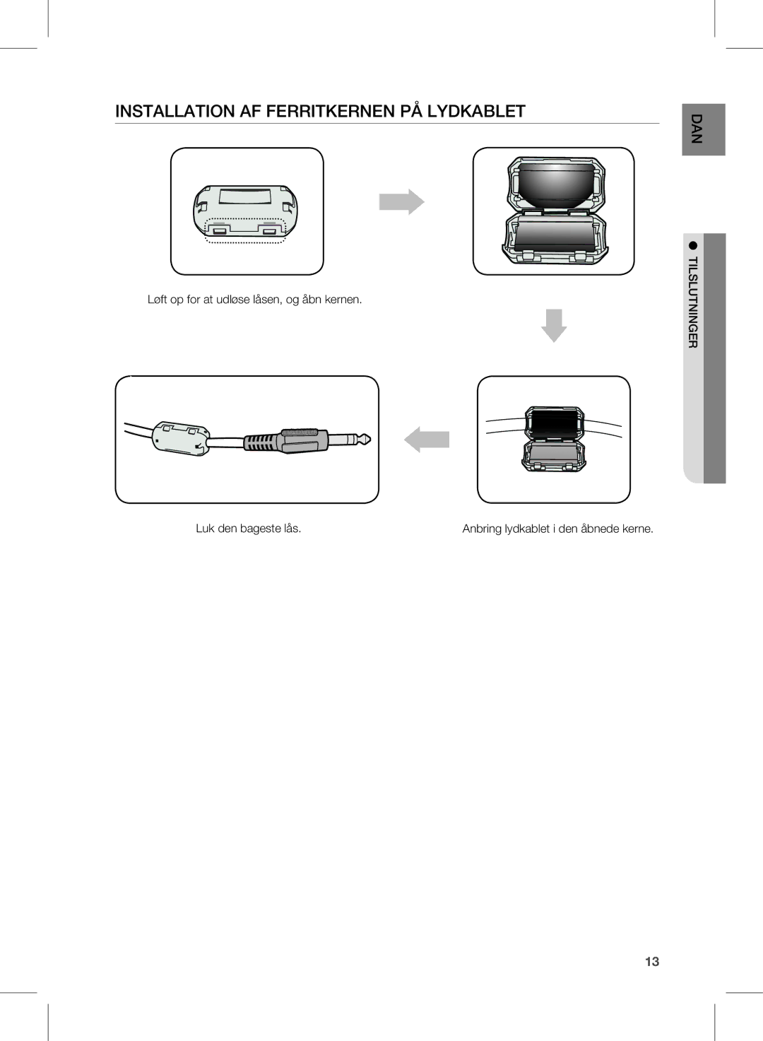 Samsung HW-D350/XE manual INSTallaTiON aF FerriTkerNeN PÅ lYDkaBleT 