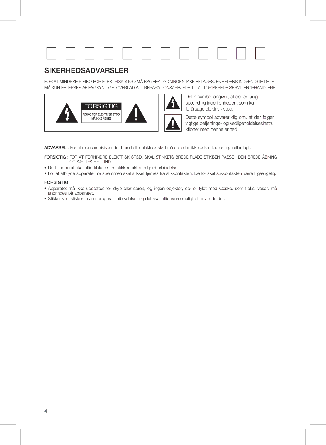 Samsung HW-D350/XE manual Sikkerhedsinformationer, Sikerhedsadvarsler 