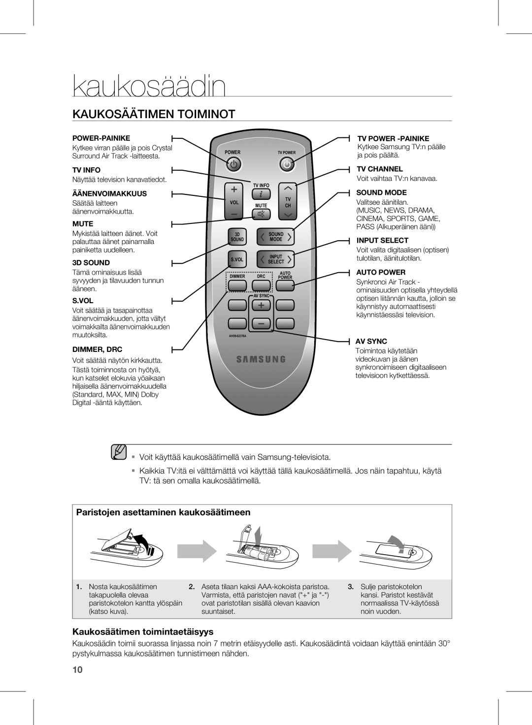 Samsung HW-D350/XE manual Kaukosäädin, Kaukosäätimen Toiminot 