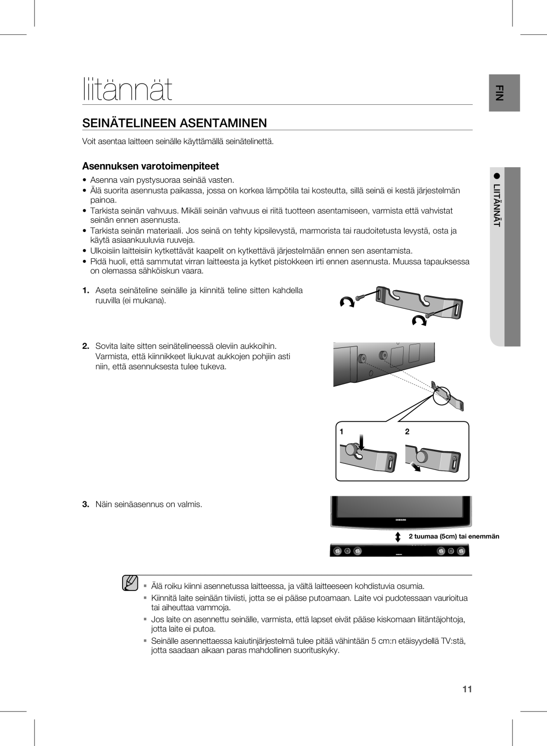 Samsung HW-D350/XE manual Liitännät, Seinätelineen Asentaminen 