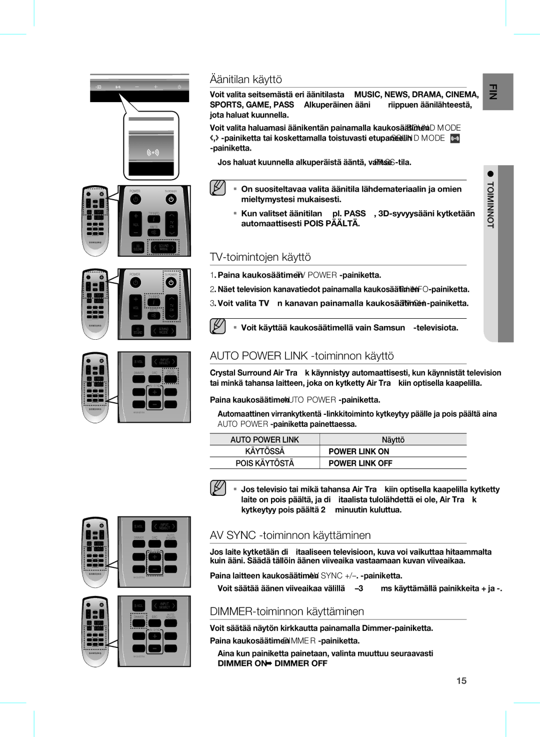 Samsung HW-D350/XE manual Auto Power Link, Power Link on, Power Link OFF, Dimmer on Dimmer OFF 