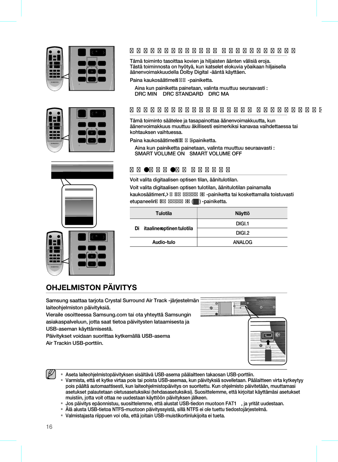 Samsung HW-D350/XE manual Ohjelmiston Päivitys, DRC MIN DRC Standard DRC MAX, Smart Volume on Smart Volume OFF 