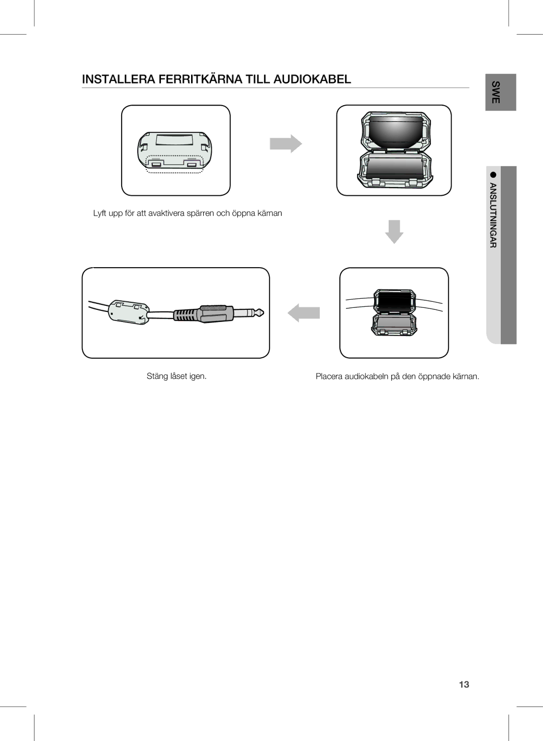 Samsung HW-D350/XE manual InSTaLLEra FErriTKÄrna TiLL aUDioKaBEL 