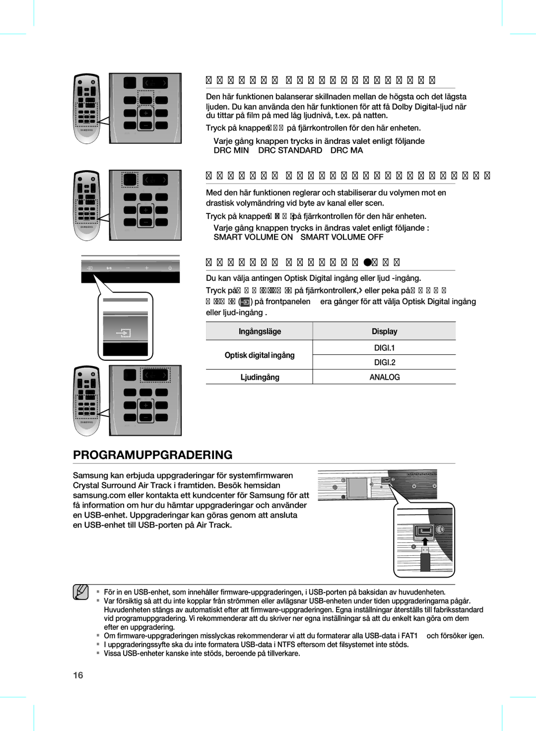 Samsung HW-D350/XE manual Programuppgradering, DRC MIN DRC Standard DRC MAX, Smart Volume on Smart Volume OFF 