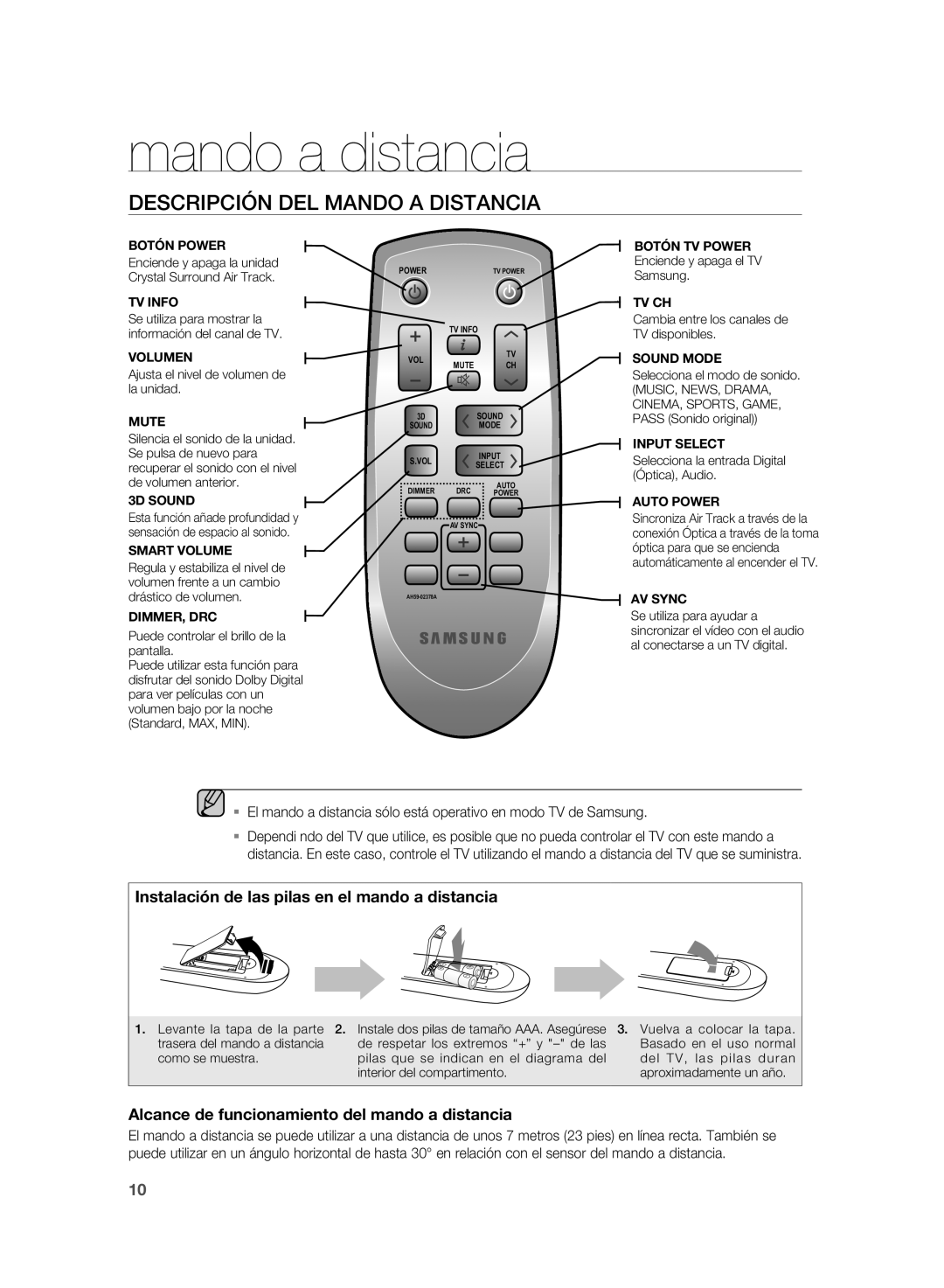 Samsung HW-D350/ZF, HW-D351/ZF manual Mando a distancia, Descripción DEL Mando a Distancia 