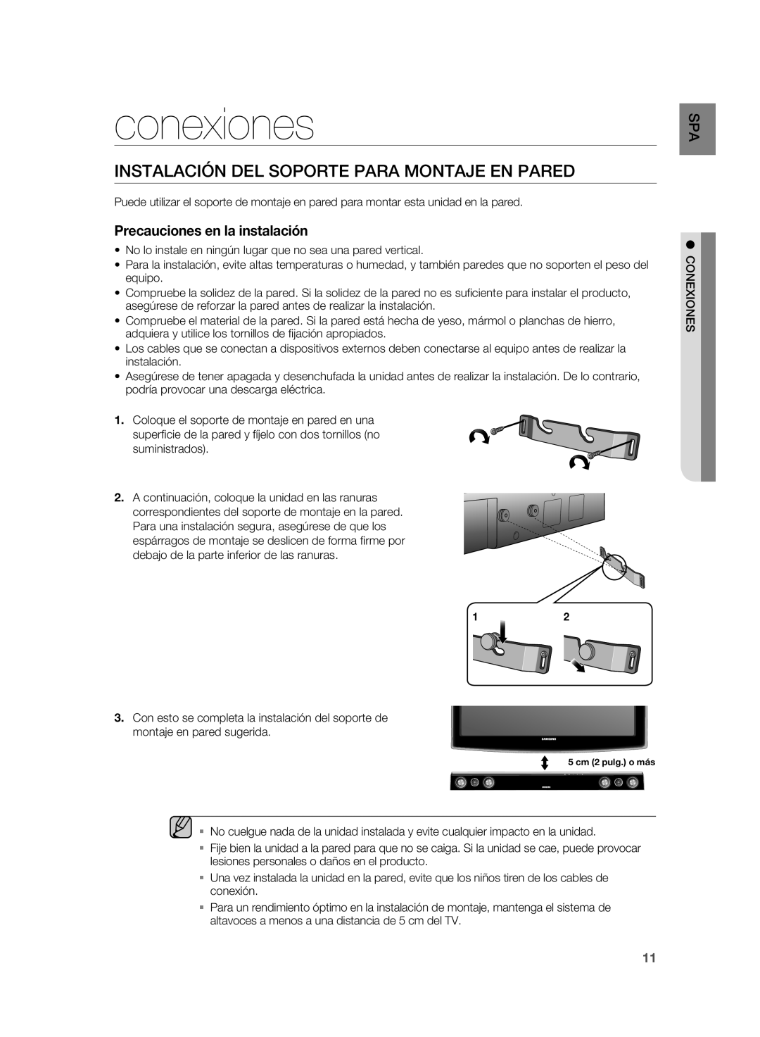 Samsung HW-D351/ZF, HW-D350/ZF manual Conexiones, Instalación DEL Soporte Para Montaje EN Pared 