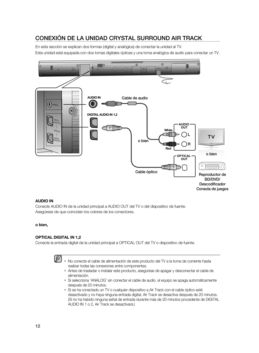 Samsung HW-D350/ZF, HW-D351/ZF manual COnexiÓn De LA UniDAD crYSTAL SUrrOUnD Air TrAcK, AuDio 