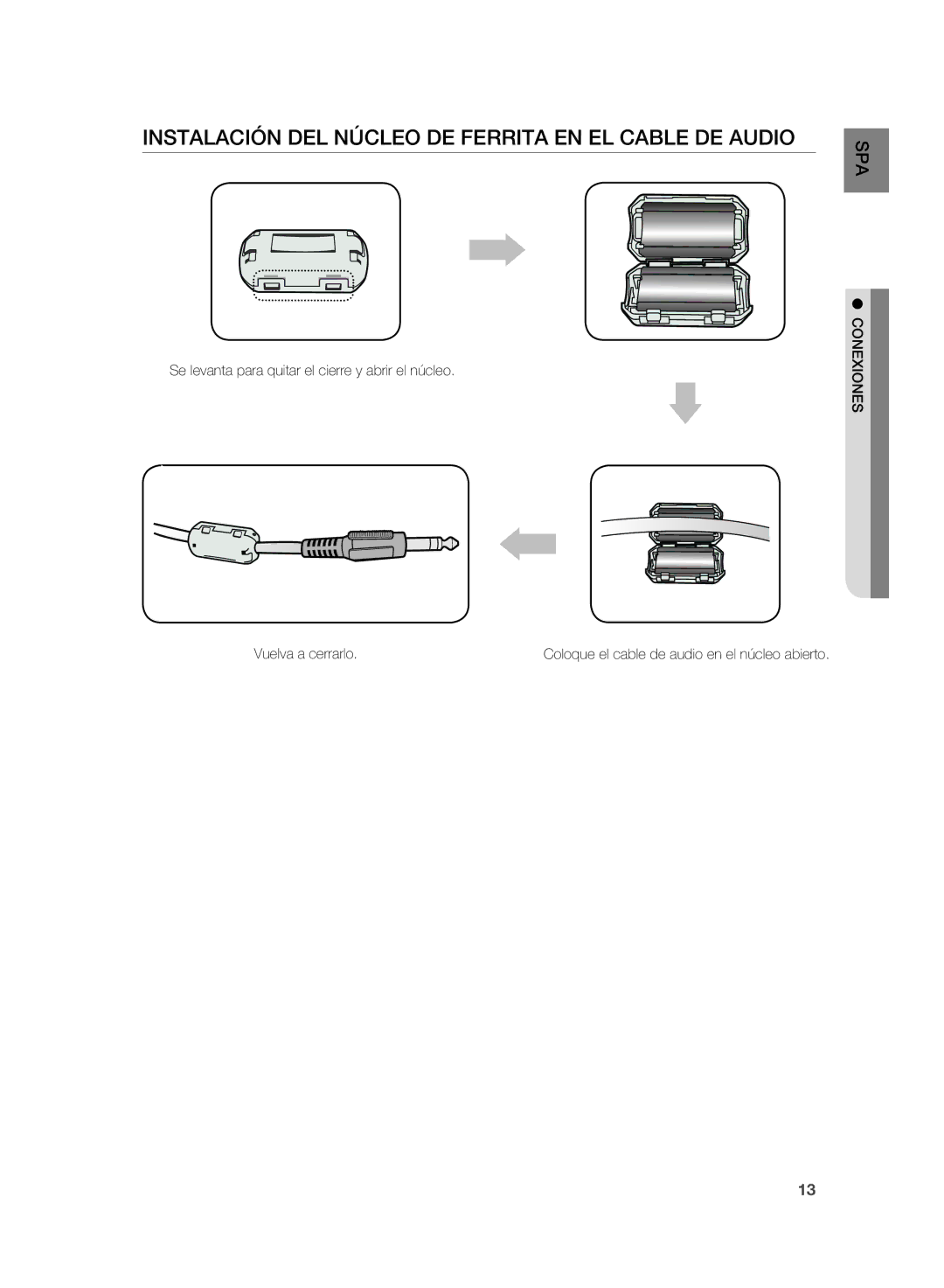 Samsung HW-D351/ZF, HW-D350/ZF manual InSTALAciÓn DeL nÚcLeO De FerriTA en eL cABLe De AUDiO 