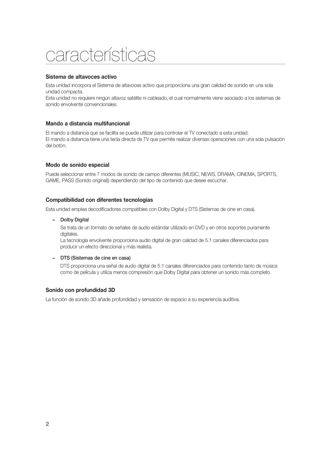 Samsung HW-D350/ZF, HW-D351/ZF manual Características, Sistema de altavoces activo 