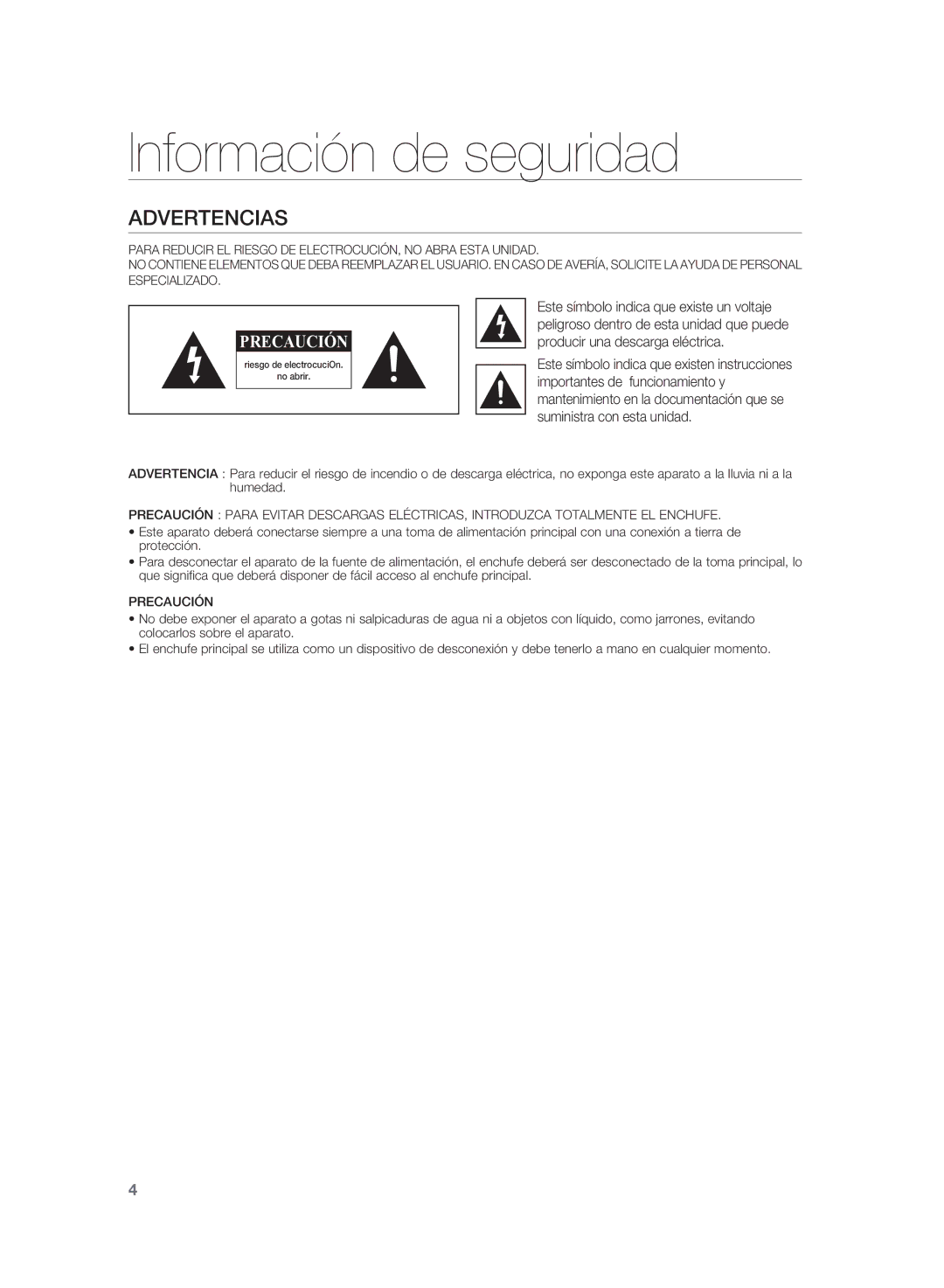 Samsung HW-D350/ZF, HW-D351/ZF manual Información de seguridad, Advertencias 