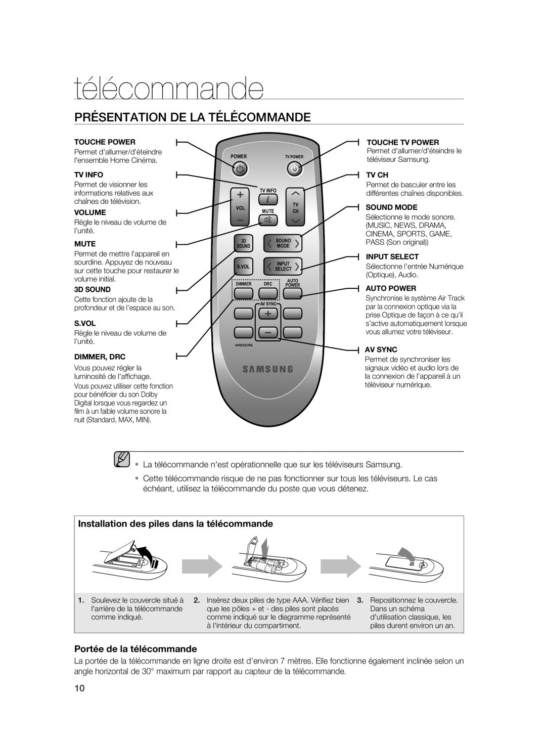 Samsung HW-D350/ZF manual Présentation DE LA Télécommande 