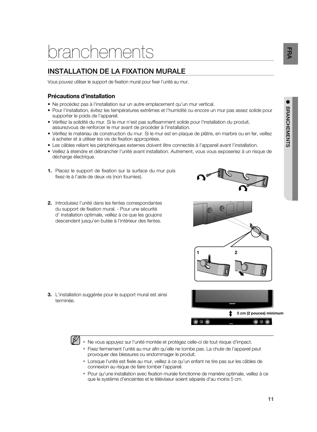 Samsung HW-D350/ZF manual Branchements, Installation DE LA Fixation Murale 