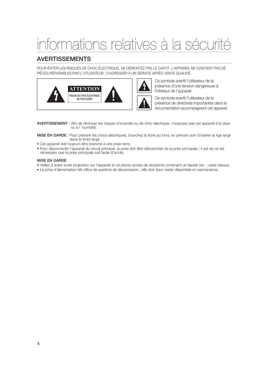 Samsung HW-D350/ZF manual Informations relatives à la sécurité, Avertissements 