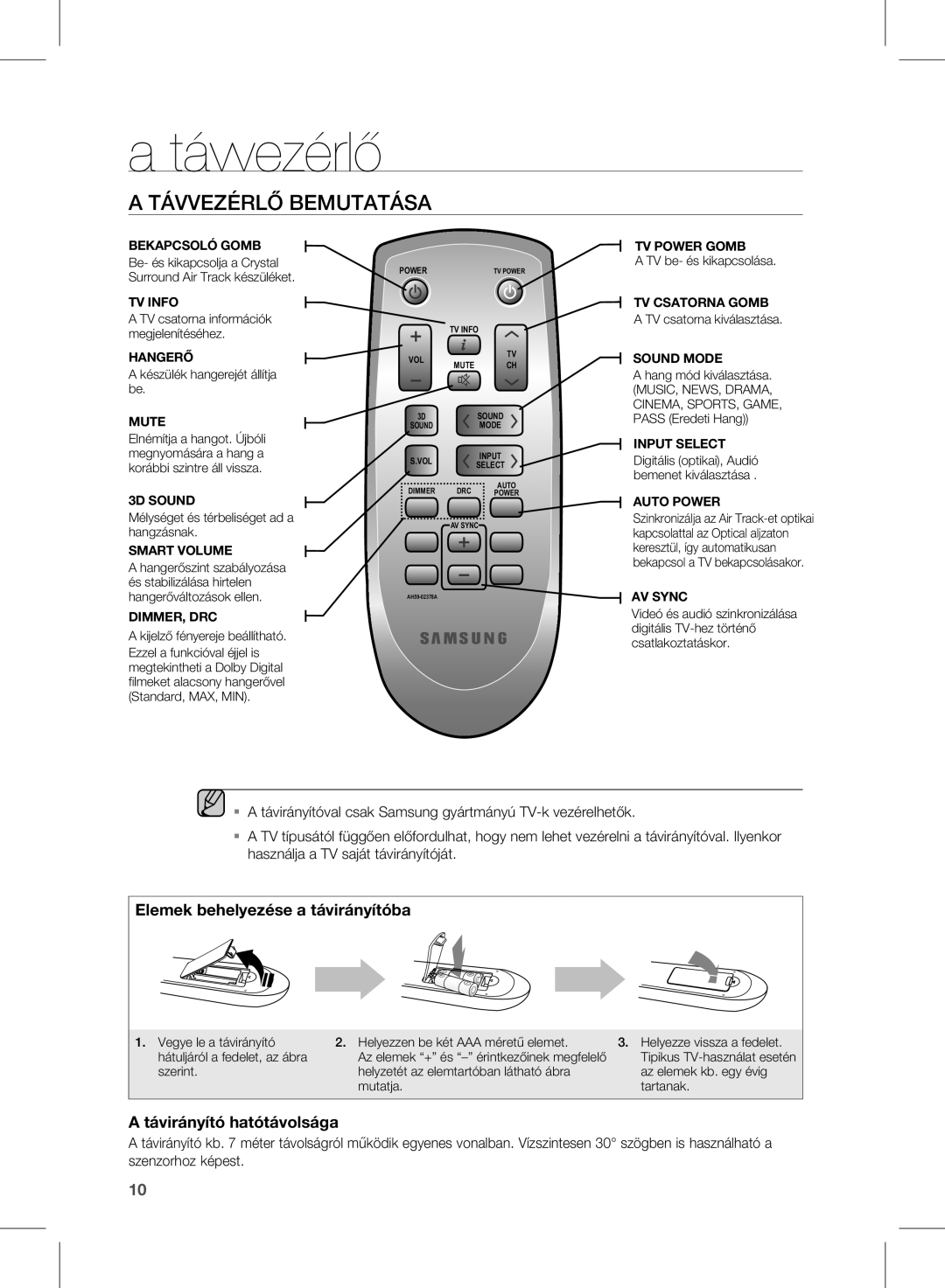 Samsung HW-D350/ZF, HW-D351/EN, HW-D350/EN, HW-D350/XE manual Távvezérlő Bemutatása 