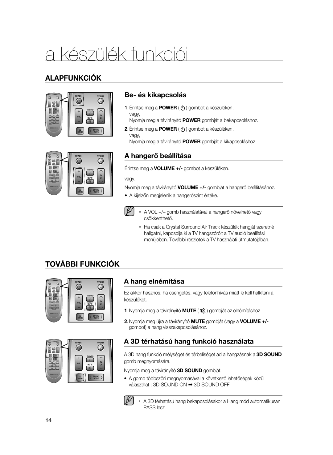 Samsung HW-D350/ZF, HW-D351/EN, HW-D350/EN, HW-D350/XE manual Készülék funkciói, Alapfunkciók 