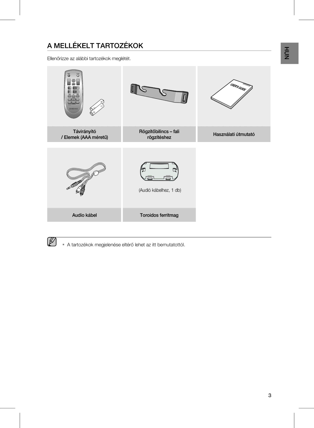 Samsung HW-D350/XE, HW-D351/EN, HW-D350/EN, HW-D350/ZF manual Mellékelt Tartozékok, Ellenőrizze az alábbi tartozékok meglétét 