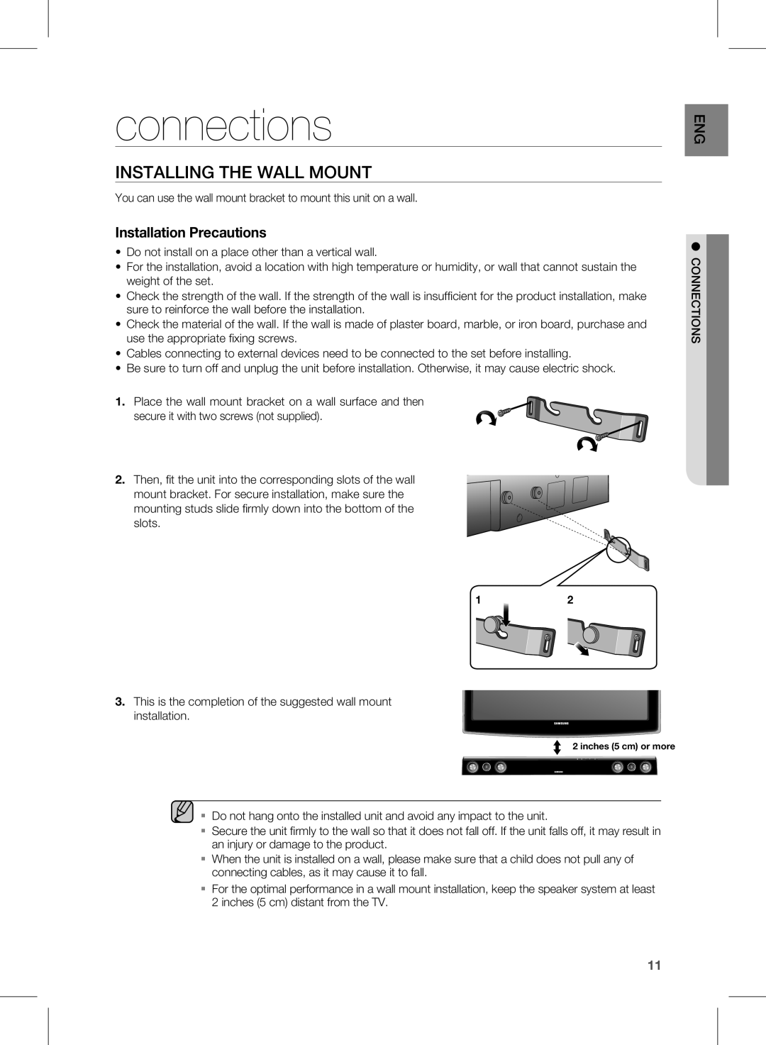 Samsung HW-D350/EN, HW-D351/EN, HW-D350/ZF, HW-D351/ZF, HW-D350/XE manual Connections, INSTAllING the WAll Mount 