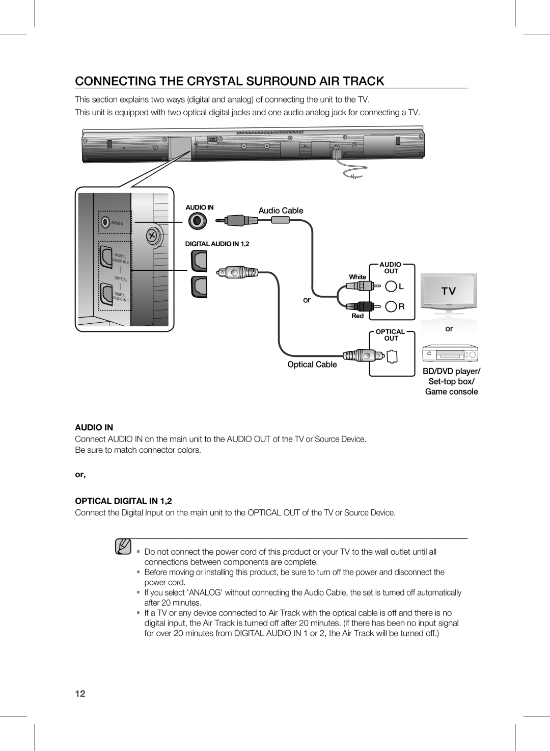 Samsung HW-D350/ZF, HW-D351/EN, HW-D350/EN, HW-D351/ZF, HW-D350/XE manual COnneCTing THe CrySTaL SUrrOUnD air TraCK, AUDiO 