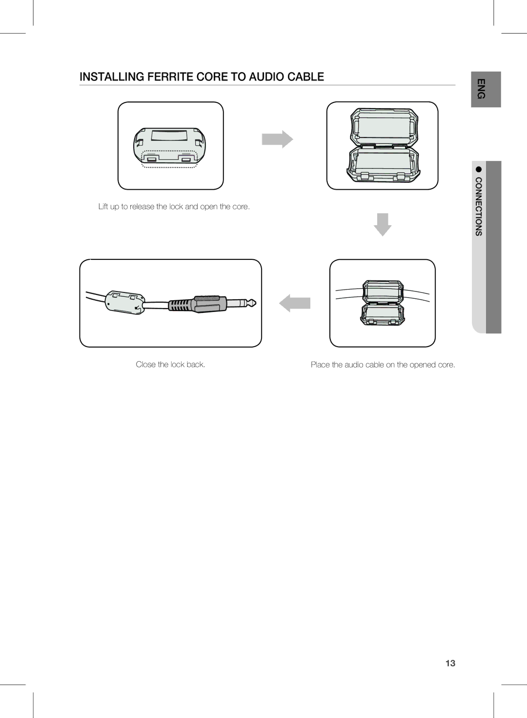 Samsung HW-D351/ZF, HW-D351/EN, HW-D350/EN, HW-D350/ZF, HW-D350/XE manual InStallinG fErritE corE to audio cablE 