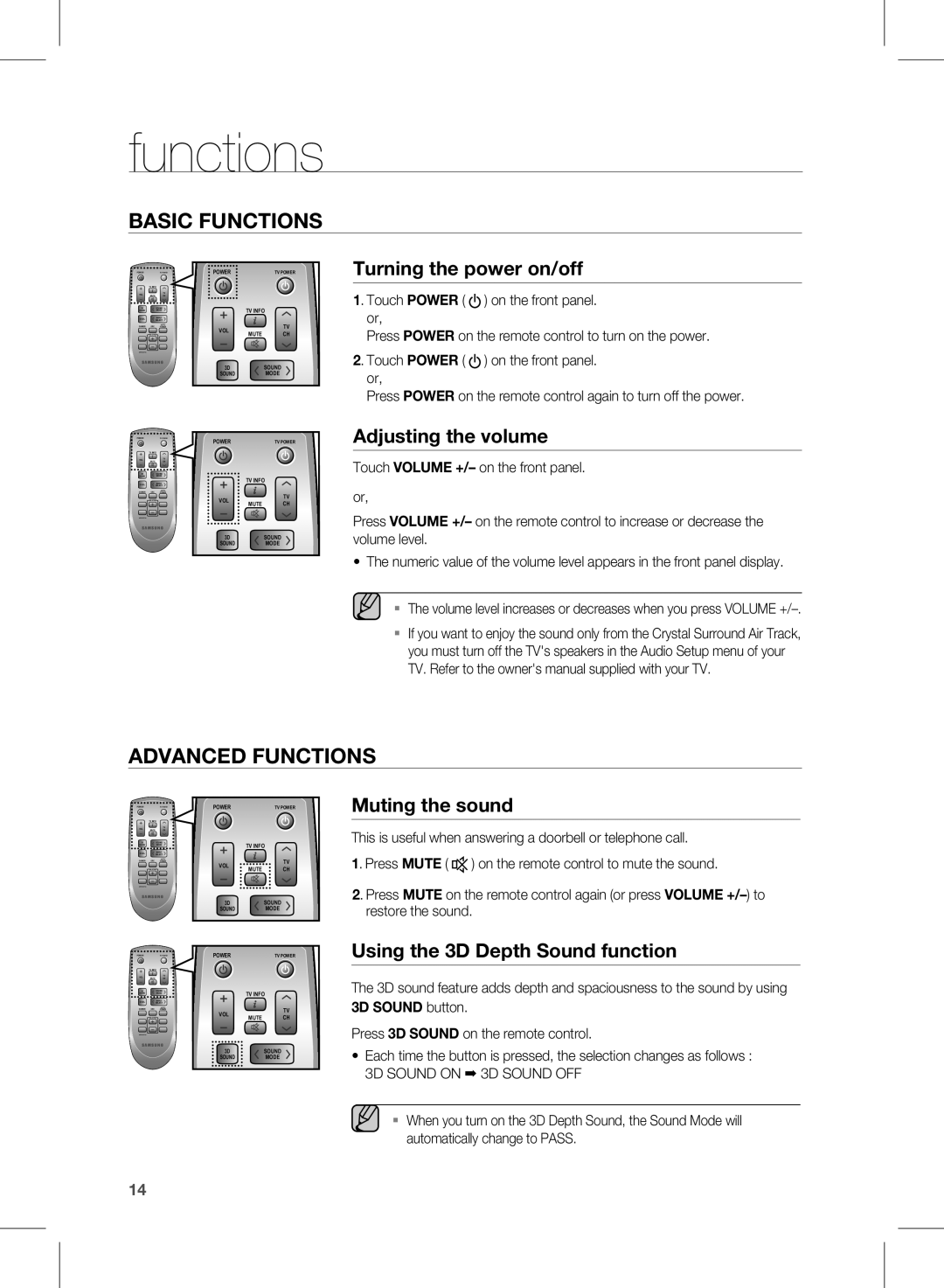 Samsung HW-D350/XE, HW-D351/EN, HW-D350/EN, HW-D350/ZF, HW-D351/ZF manual Functions, 3D Sound on 3D Sound OFF 