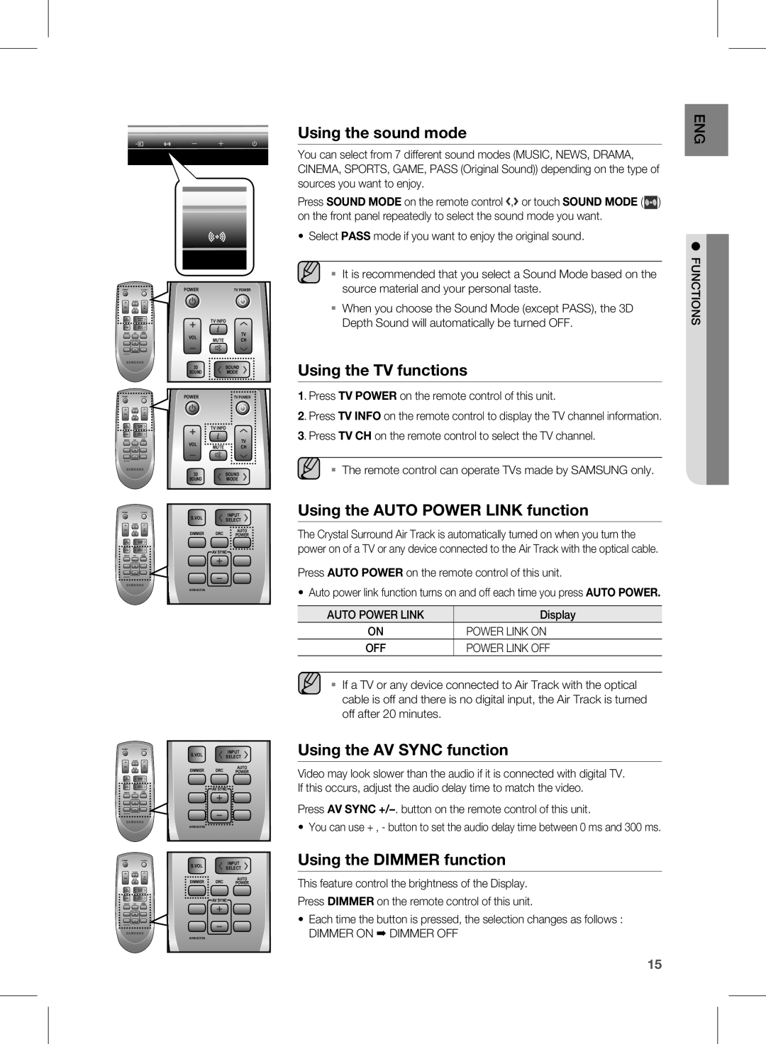 Samsung HW-D351/EN, HW-D350/EN, HW-D350/ZF, HW-D351/ZF Auto Power Link, Power Link on, Power Link OFF, Dimmer on Dimmer OFF 