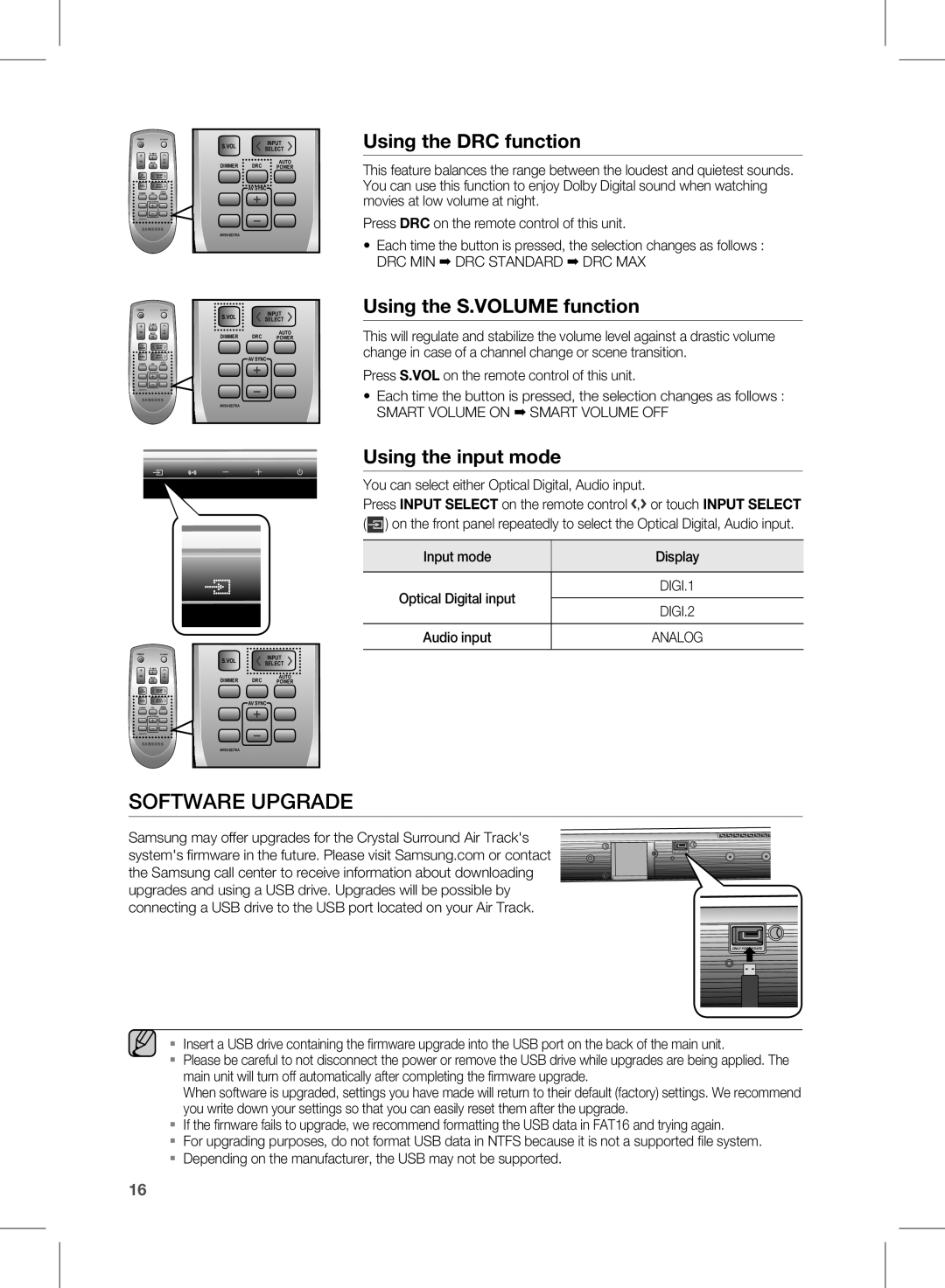 Samsung HW-D350/EN, HW-D351/EN, HW-D350/ZF, HW-D351/ZF manual DRC MIN DRC Standard DRC MAX, Smart Volume on Smart Volume OFF 