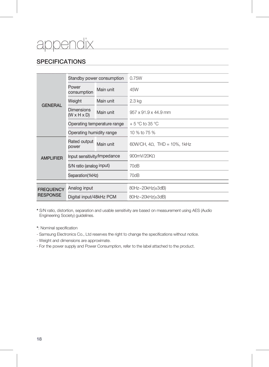 Samsung HW-D351/ZF, HW-D351/EN, HW-D350/EN, HW-D350/ZF, HW-D350/XE manual Appendix, Specifications, General, Amplifier 