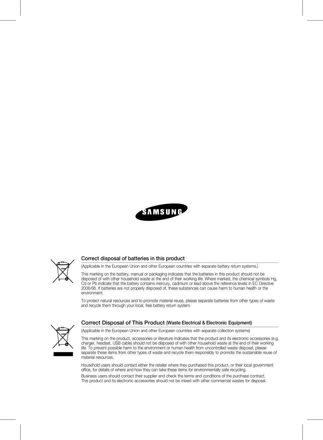 Samsung HW-D350/EN, HW-D351/EN, HW-D350/ZF, HW-D351/ZF, HW-D350/XE manual Correct disposal of batteries in this product 