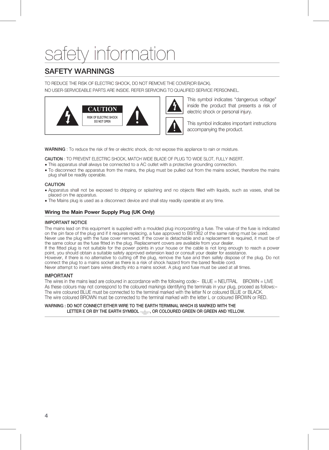 Samsung HW-D350/XE, HW-D351/EN, HW-D350/EN, HW-D350/ZF, HW-D351/ZF manual Safety information, Safety Warnings 