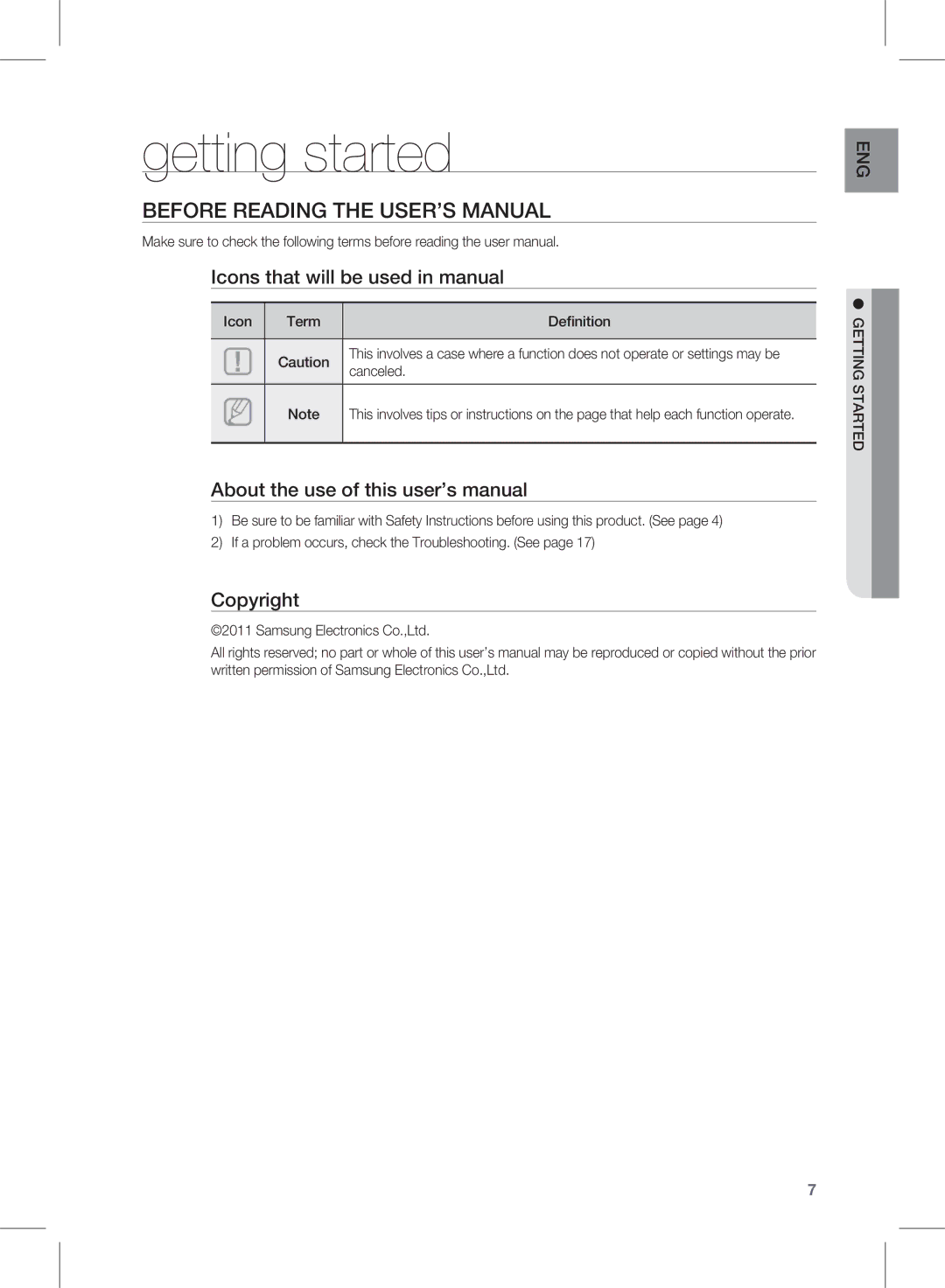 Samsung HW-D350/ZF, HW-D351/EN, HW-D350/EN, HW-D351/ZF, HW-D350/XE manual Getting started, Before Reading the User’s Manual 