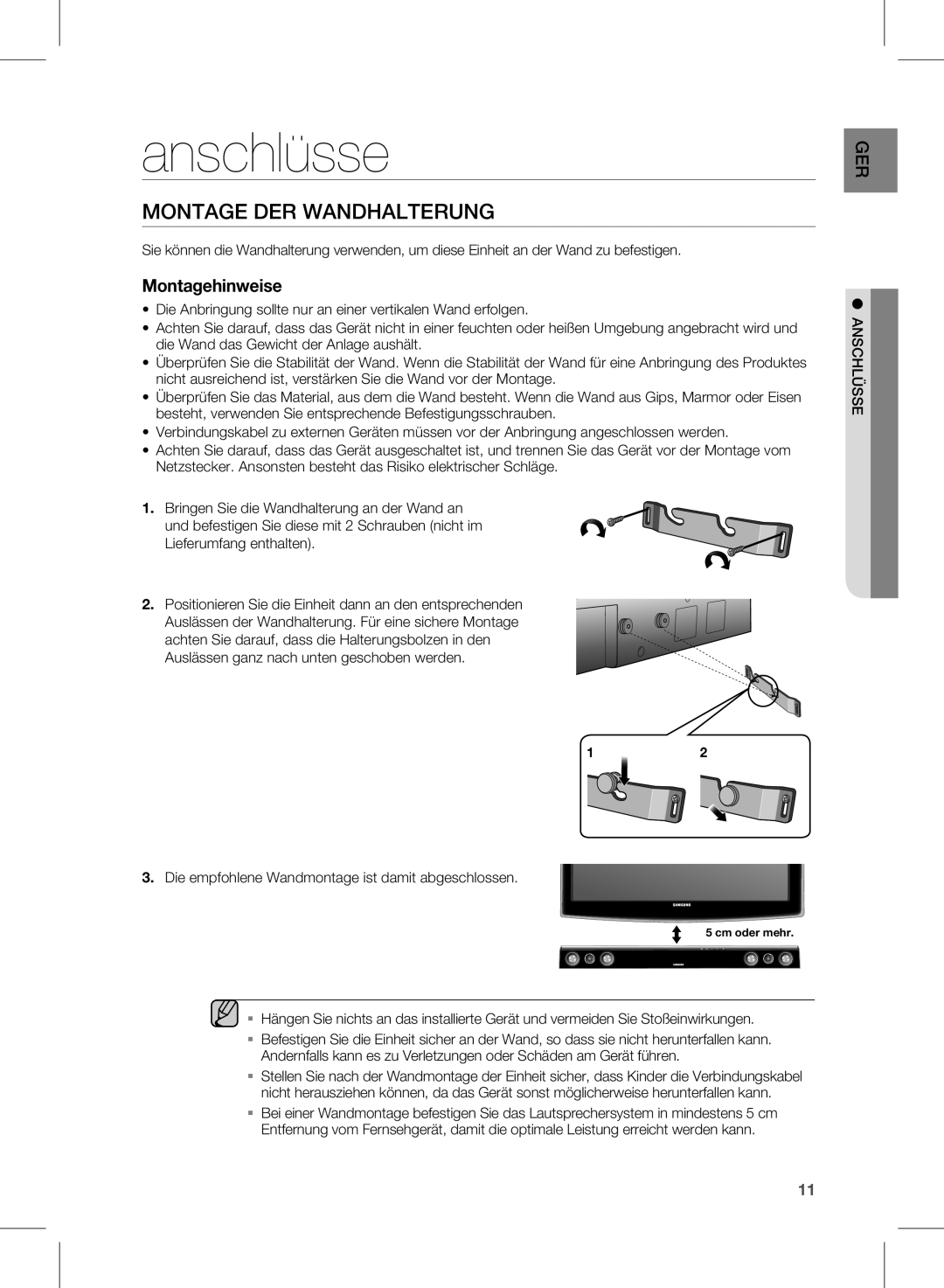 Samsung HW-D350/ZF, HW-D351/EN, HW-D350/EN manual Anschlüsse, Montage DER Wandhalterung 