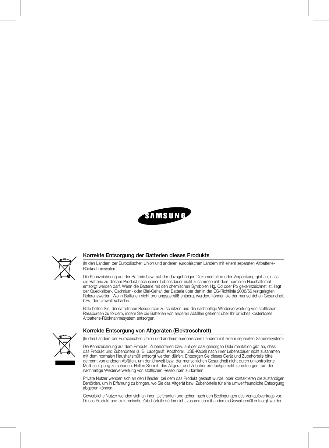 Samsung HW-D351/EN, HW-D350/EN, HW-D350/ZF manual Korrekte Entsorgung der Batterien dieses Produkts 