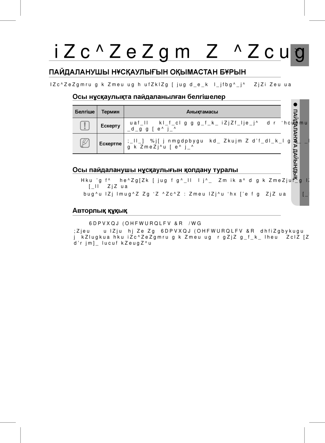 Samsung HW-D351/RU Пайдалануға дайындық, Пайдаланушы Нұсқаулығын Оқымастан Бұрын, Осы нұсқаулықта пайдаланылған белгішелер 