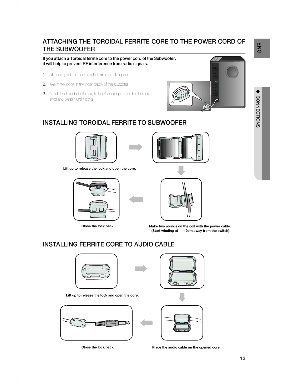 Samsung HW-D451, HW-D450 user manual InStallinG toroidal fErritE to SubWoofEr, InStallinG fErritE corE to audio cablE 