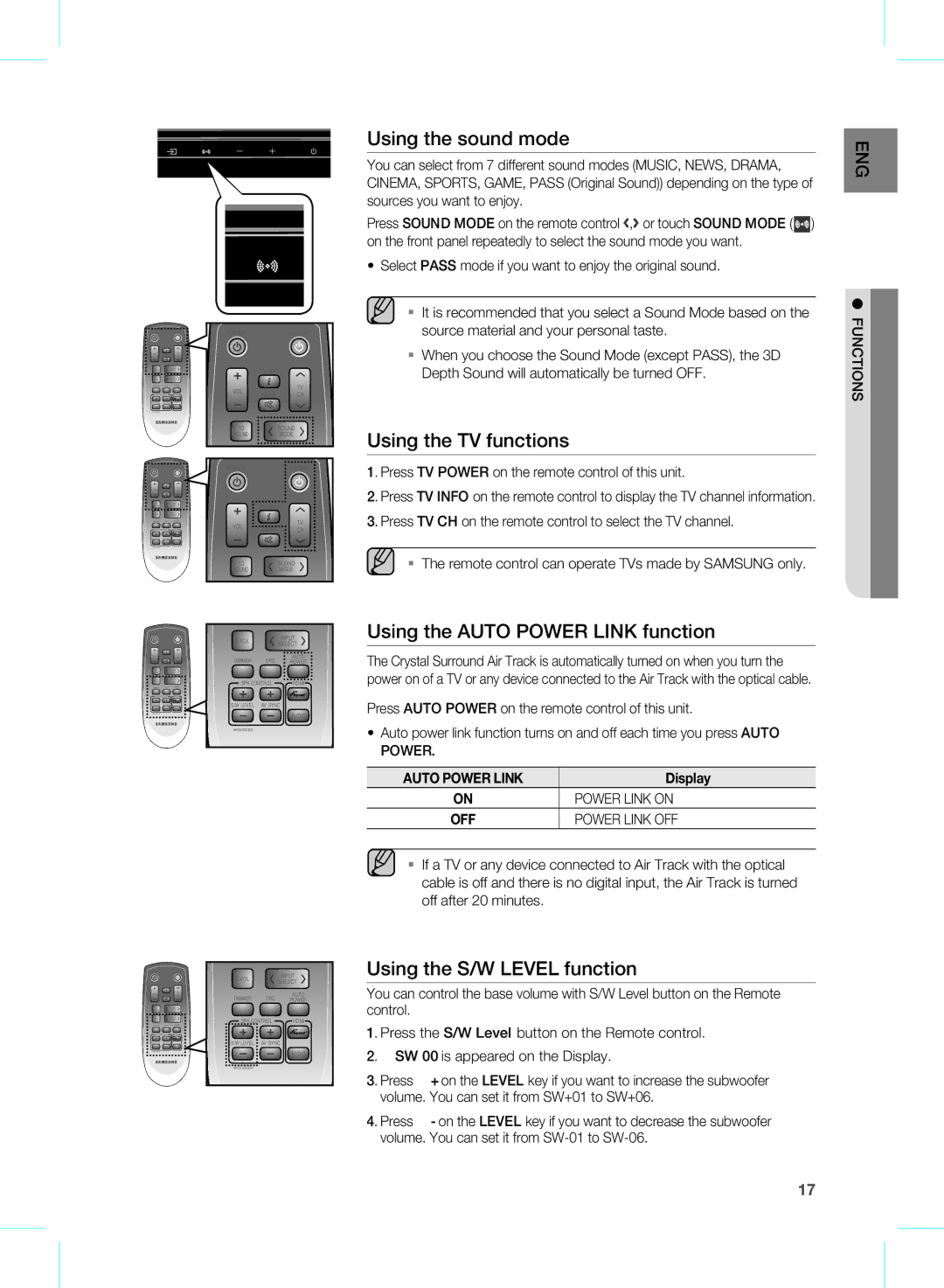 Samsung HW-D451, HW-D450 user manual Using the sound mode, Using the TV functions, Using the Auto Power Link function 