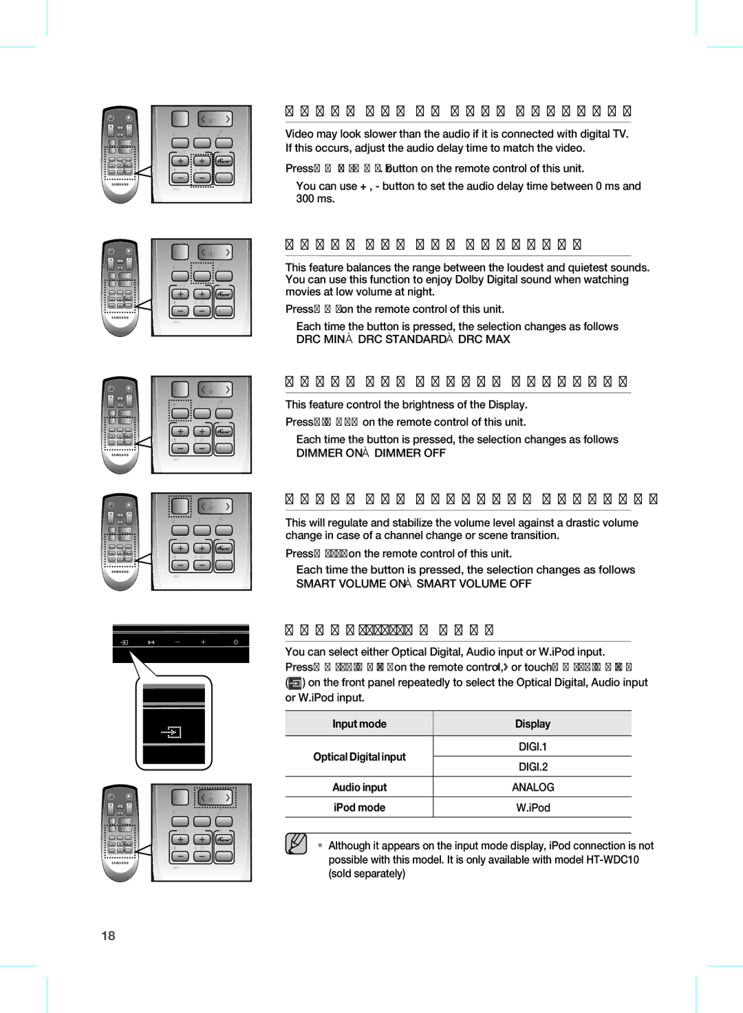 Samsung HW-D450 Using the AV Sync function, Using the DRC function, Using the Dimmer function, Using the S.VOLUME function 