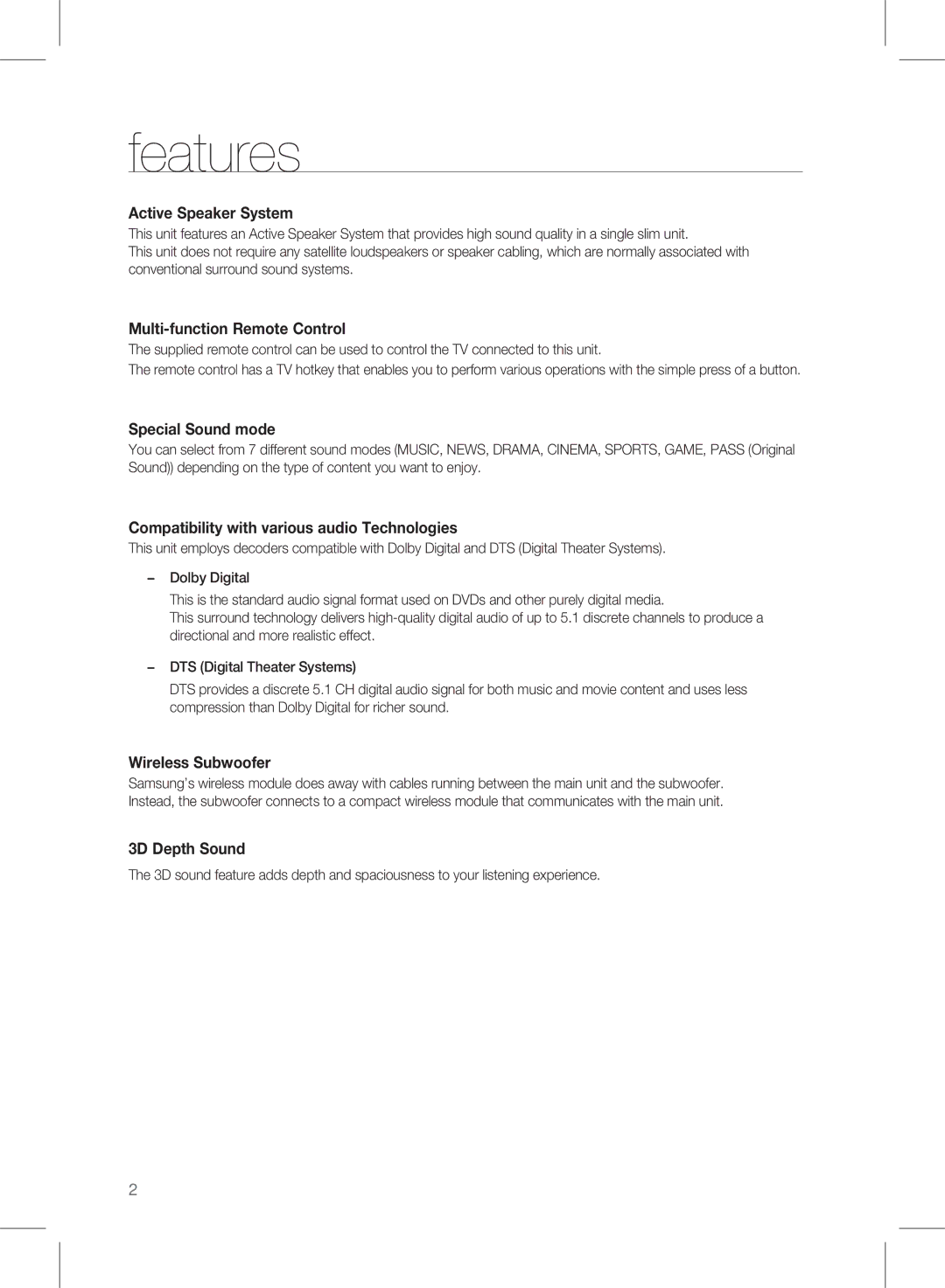 Samsung HW-D450, HW-D451 user manual Features, Active Speaker System 