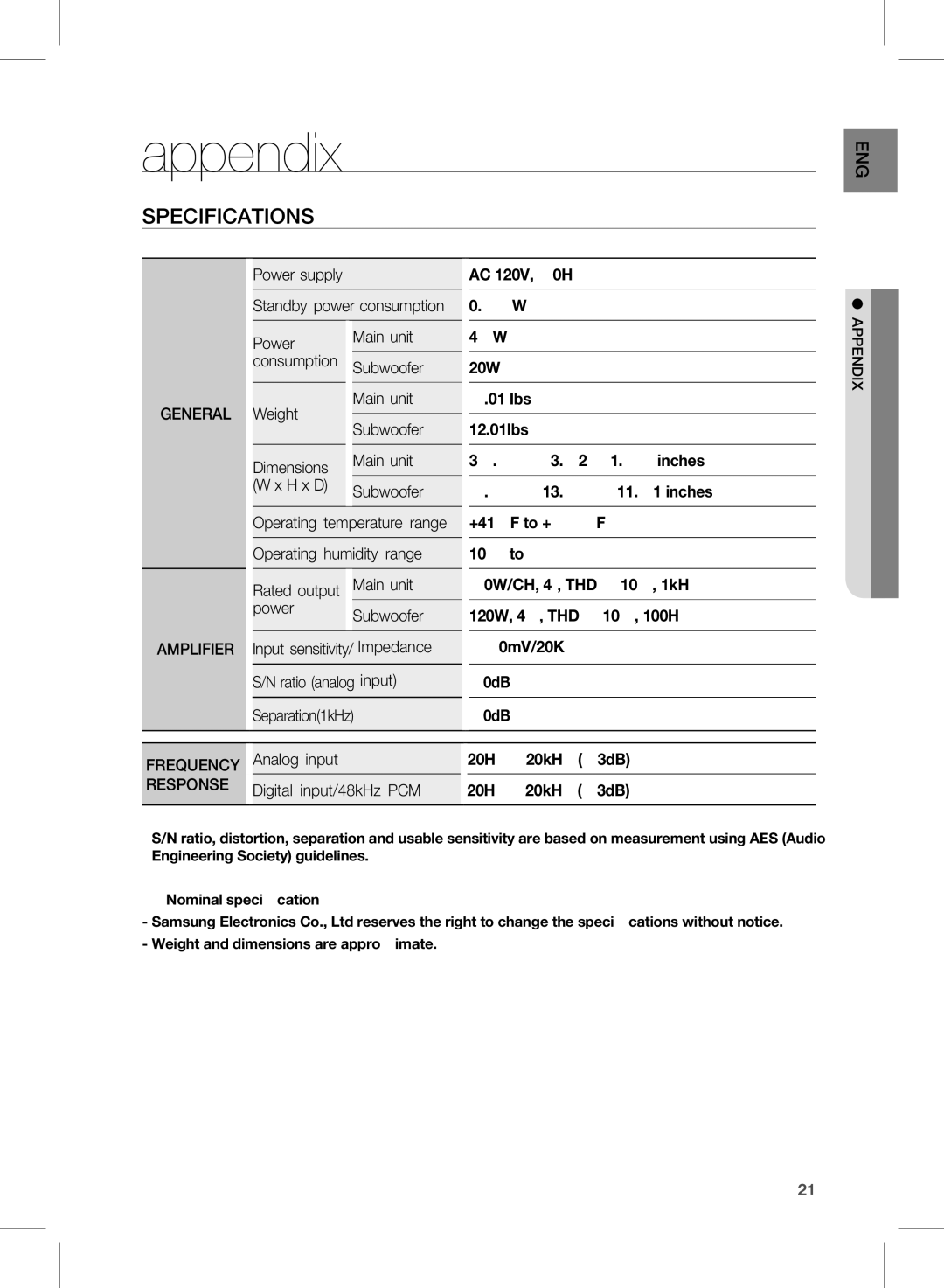 Samsung HW-D451, HW-D450 user manual Appendix, Specifications 