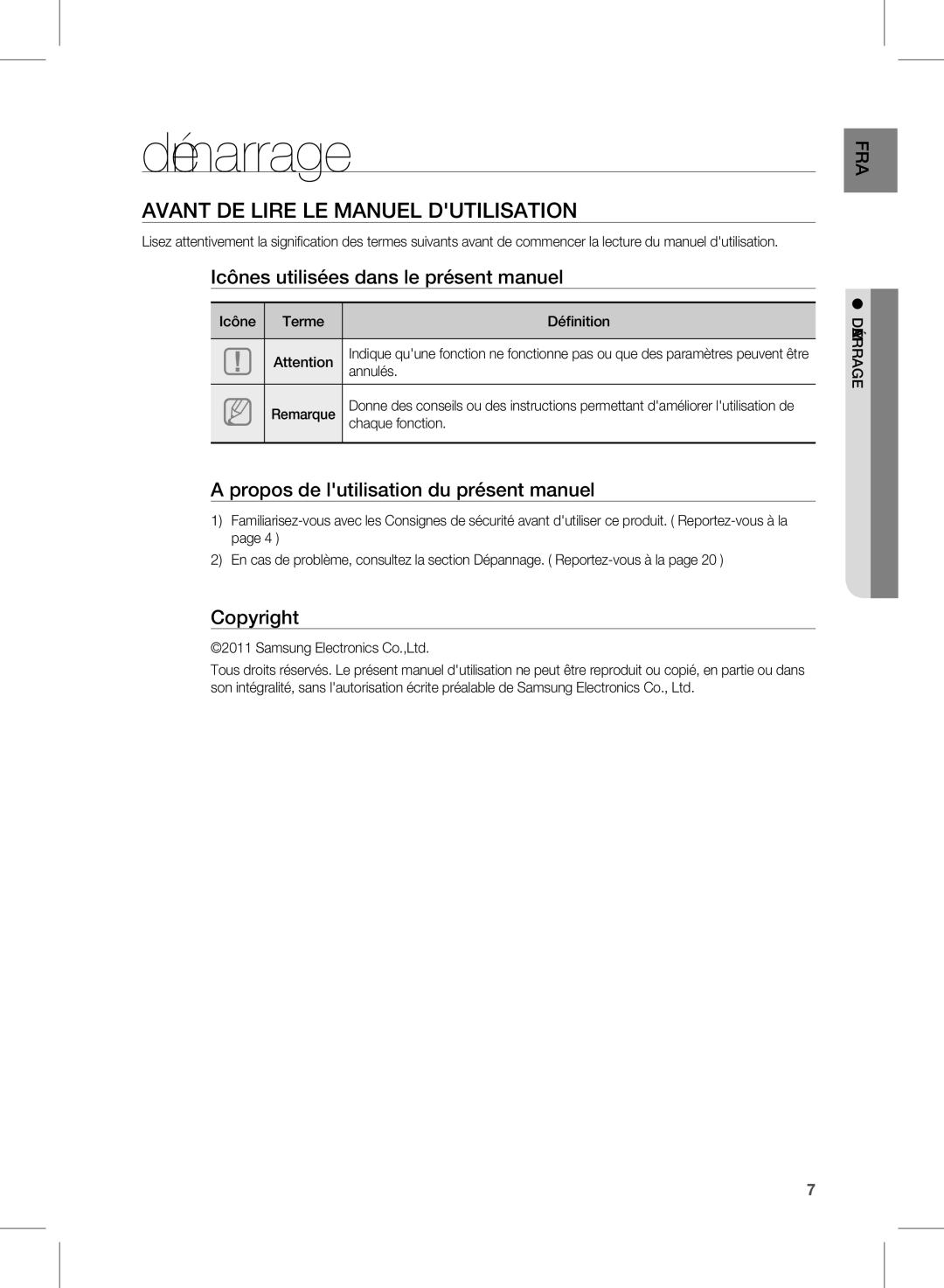 Samsung HW-D451, HW-D450 user manual Démarrage, Avant DE Lire LE Manuel Dutilisation 